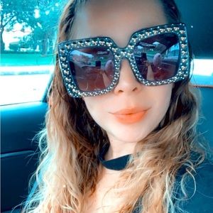 Authentic Gucci GG0145 115 Oversized Square Rhinestones and Studs Sunglasses